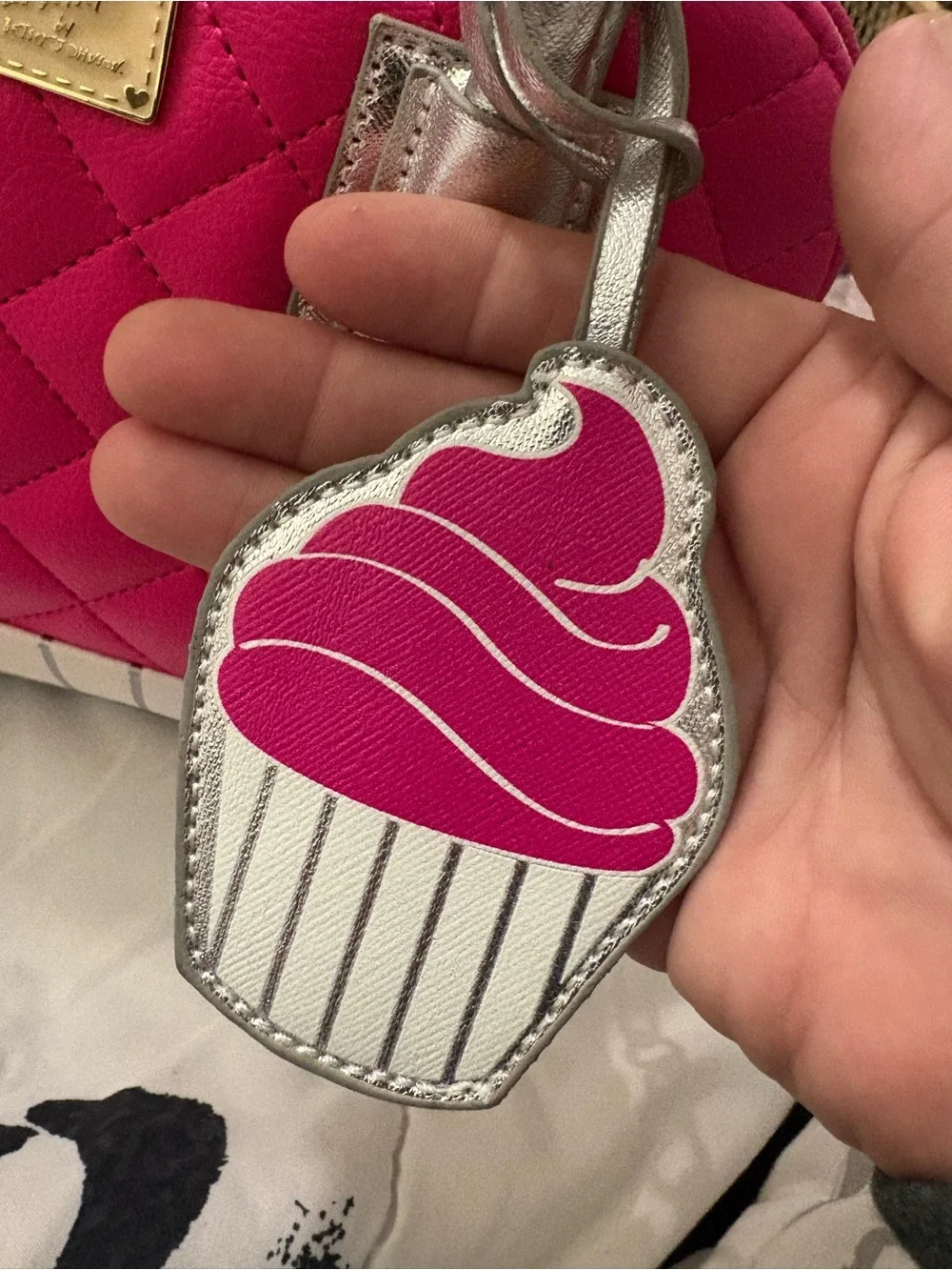 Betsey Johnson Hot Pink Quilted Satchel Cupcake Charm Silver Handless NWOT